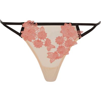 Pink mesh floral appliqu&#233; knickers